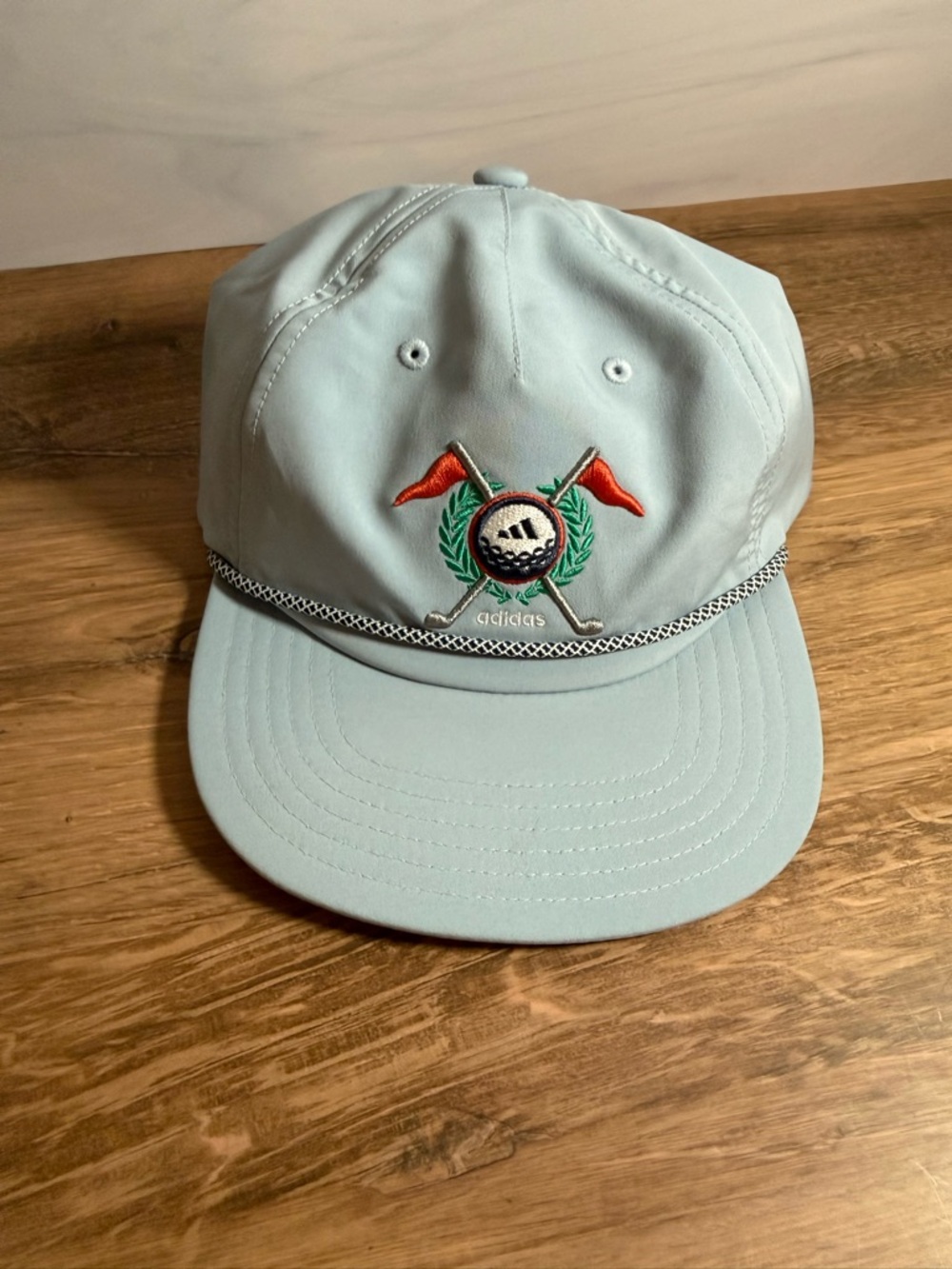 adidas Light Blue Golf Logo Strapback Hat with Red Flags
